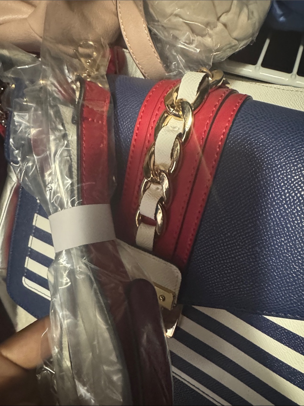 ALDO Navy and White Striped Top-Handle Satchel with Red Accent - Picture 7 of 7